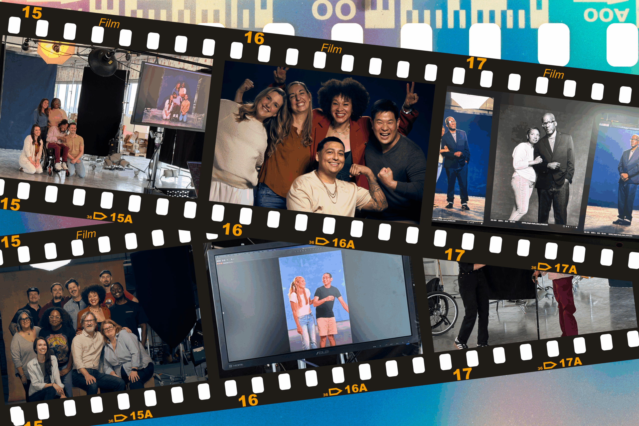 A collage of film strips displays diverse groups and pairs of people smiling and posing in a photography studio, with lighting equipment and portrait backdrops visible in the background.